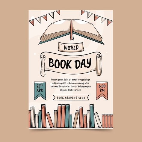 Hand drawn world book day vertical poste... | Free Vector #Freepik #freevector #book-poster #book-day #world-book #story-book Books Day Poster, World Book Day Poster Ideas, Reading Day Poster Design Drawing, Book Day Drawings, Book Day Poster, World Reading Day Poster, Read Poster, Reading Day Poster Drawing, Poster On Education