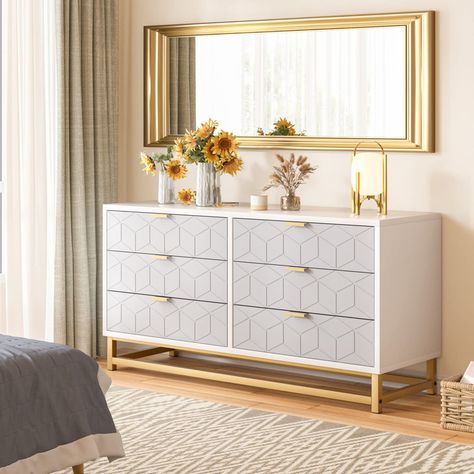 Beige Modern Bedroom, White 6 Drawer Dresser, Engraving Patterns, Organizing Clothes, Vanity Bedroom, Decorative Styles, Modern Chests, Large Dresser, Modern Chest Of Drawers