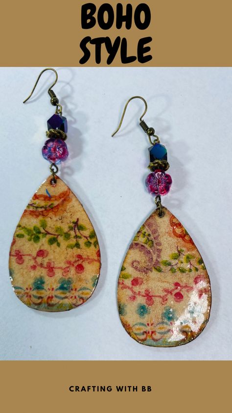 Decoupage Wood Earrings, Decoupage Earrings Diy, Napkin Transfer, Multicoloured Earrings, Boho Earrings Diy, Mod Podge Diy, Decoupage On Wood, Decoupage Jewelry, Decoupage Wood