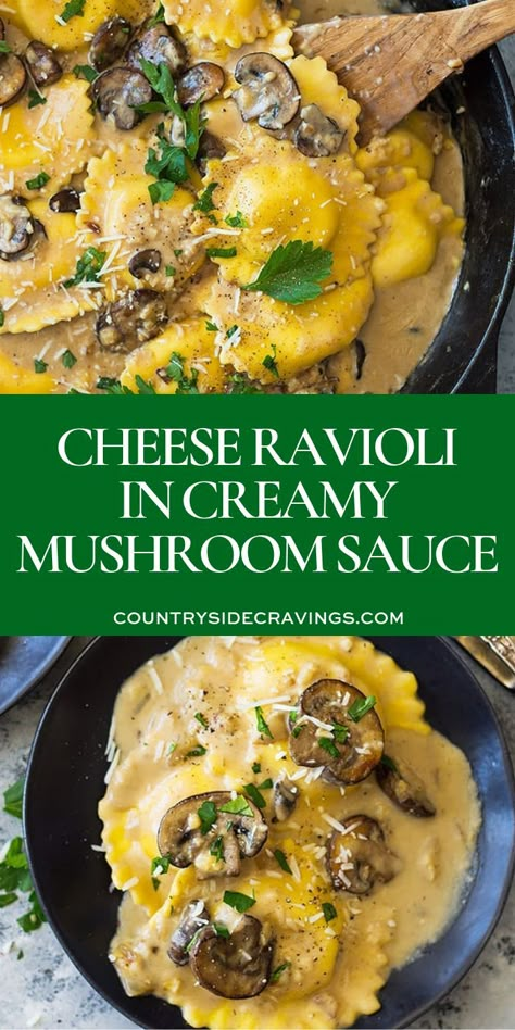 This Cheese Ravioli in Creamy Mushroom Sauce is made easy using store bought ravioli and made extra decadent with a simple garlic mushroom cream sauce! #cheeseravioli #easydinnerrecipes Creamy Mushroom Ravioli, Mushroom Ravioli Sauce, Cheese Ravioli Recipe, Stuffed Ravioli, Spinach And Cheese Ravioli, Spinach And Ricotta Ravioli, Ravioli Sauce, Mushroom Cream Sauce, Spinach Ravioli