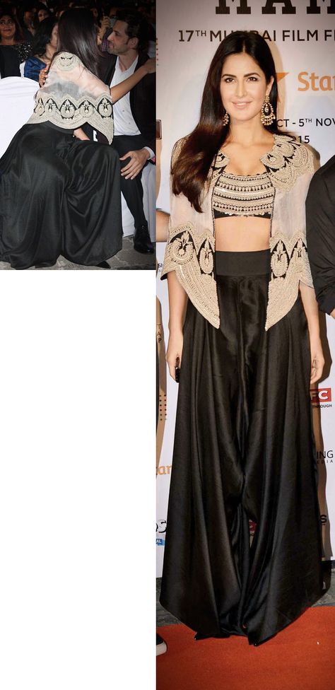 Katrina Kaif in an Anamika Khanna outfit: an emblazoned cape top teamed up with a black dhoti-palazzo pants Anamika Khanna Cape Outfit, Anamika Khanna Cape, Dhoti Style Dresses, Black Dhoti, Cape Outfit, Cape Top, Anamika Khanna, Indian Look, Crop Top Dress