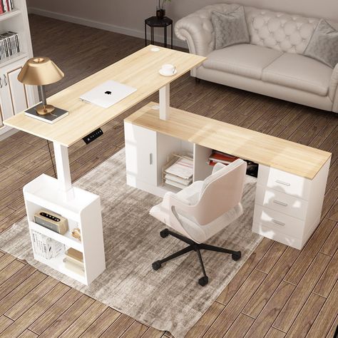 Wade Logan® Bernarrdetta 63 W L-Sharped Lift Desk & Reviews | Wayfair Home Office With Adjustable Height Desk, Adjustable Desk Home Office Design, Small Office Floor Plan, Modern L Shaped Desk, Lift Desk, Home Office Furniture Sets, Sleek Aesthetic, Home Office Furniture Desk, Stand Up Desk