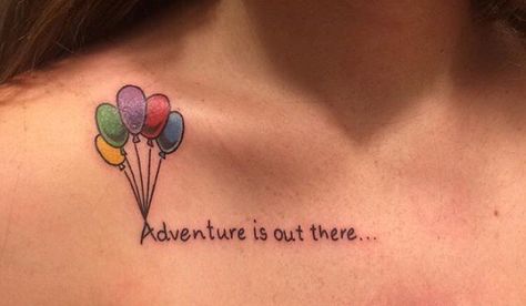 Adventure is out there Disney tattoo based on the Pixar movie "UP" and the balloon house. Best Friend Disney, Tattoo Disney, Balloon House, Movie Tattoo, Movie Tattoos, Adventure Is Out There, Small Tattoos With Meaning, Small Tattoos Simple, Disney Tattoo