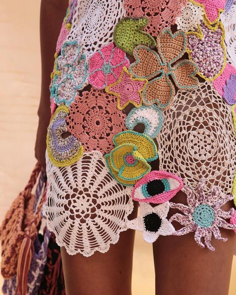 Crochet Fashion Designers, Crochet Patchwork Dress, Marco Rambaldi Crochet, Crochet Cool Ideas, Hand Made Clothing, Maximalist Crochet, Crochet Editorial, Designer Crochet Fashion, Crochet And Fabric Dress