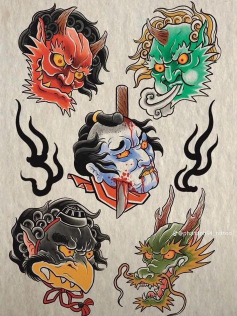 Tengu Art, Tengu Tattoo, Japanese Tatto, Traditional Japanese Tattoo Flash, Japanese Mask Tattoo, Oni Tattoo, Dragon Tattoo Art, Japanese Oni, Japanese Stuff