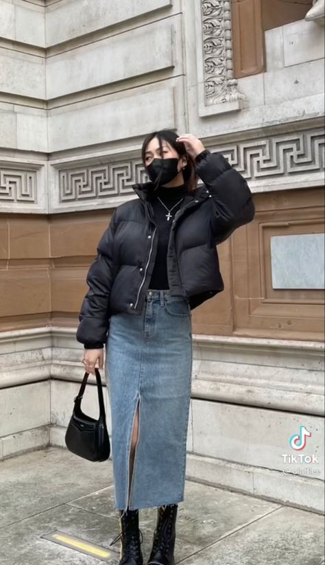 Travel Ootd Winter, Hk Winter Outfit, Japan Winter Style Women, Korea Travel Outfit Autumn, Korea February Outfit, Winter Outfit Taiwan, Puffer And Skirt Outfit, Cute Winter Outfits Skirts, Puffer Jacket With Skirt Outfit