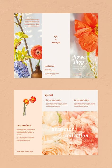 Flower shop brochure template vector | premium image by rawpixel.com / Aew Flower Shop Graphic Design, Flower Shop Branding Design, Wedding Brochure Design, Welcome Brochure, Flower Layout, Flower Shop Branding, Leaflet Layout, Brochure Design Ideas, Brochures Design