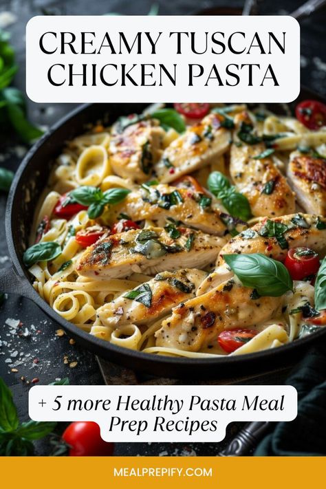 A skillet of creamy Tuscan chicken pasta with cherry tomatoes and basil, a comforting addition to healthy pasta recipes. Tuscan Chicken Meal Prep, How To Make Healthy Pasta, Healthy Pasta Dinner Ideas, Healthy Chicken Pasta Bake, Pasta Recipes With Veggies, Easy Healthy Pasta Dinner, Protein Pasta Recipes Healthy, Healthy Penne Pasta Recipes, Healthy Pasta Meal Prep