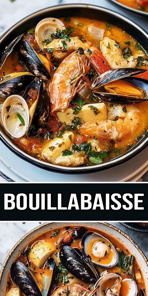 🍲✨ Dive into the flavors of the Mediterranean with this authentic Bouillabaisse recipe! This classic French seafood stew is packed with fresh mussels, shrimp, and white fish simmered in a rich, flavorful broth made with saffron, garlic, and herbs. ➡️ Save this recipe to make an unforgettable seafood dish that's sure to wow! #Bouillabaisse #SeafoodStew #FrenchCuisine #MediterraneanRecipes #DinnerInspo #SeafoodLovers #RecipeOfTheDay #EasyRecipes #FoodLovers #PinterestFoodies 🐟🍤🍲 Easy Fish Stew Recipes, Fisherman Stew Seafood, Halibut Stew Recipes, Seafood Stock Recipes Dishes, Mussel And Shrimp Recipes, Seafood Dumpling Soup, French Shrimp Recipe, Bouliabais Recipe, Fish And Shrimp Stew