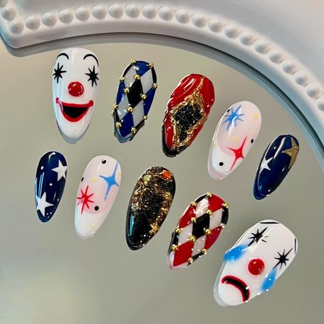 The Fall Collection OUT NOW!! Link in bio #nails #nailsnailsnails #nailart #fallnails #nailtech #justnailsss #halloweennails #pressonnails Sensory Nails, The Outsiders Inspired Nails, Circus Themed Nails, Short Clown Nails, Halloween Nails Clown, Insane Clown Posse Nails, Clown Nails Acrylic, Circus Nails Designs, Jester Nails