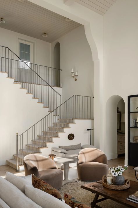 Shea Mcgee Living Room Ideas, Stairs Open To Living Room, Shea Mcgee Style Living Room, Mcgee Stairs, Shea Mcgee Living Room, Shea Mcgee Home, Space Above Stairs, Shea Mcgee Style, Mcgee Living Room