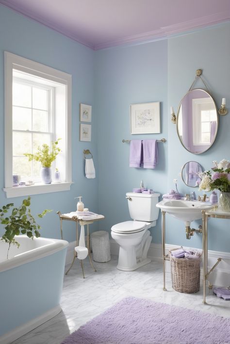 ​ #ad     #Colortrend #wallpaint2024  #color2024  #DIYpainting  ##DIYhomedecor  #Fixhome Blue And Purple Wall Paint Ideas, Periwinkle Bathroom, Lilac Bathroom Ideas, Baby Blue Bathroom, Lilac Living Room, Lilac Color Palette, Purple Wall Paint, Lilac Bathroom, Lilac Room