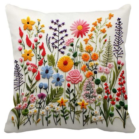 Folk Room Decor, Flower Themed Dorm Room, Embroidery On Couch, Wildflower Room Decor, Hand Embroidery Pillow Cover, Floral Decor Living Room, Flower Pillow Pattern, Adult Bedroom Decor, Wildflower Decor