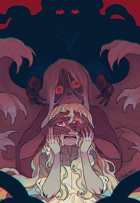 Horror Expression Drawing, Monster Person Art, Romantic Horror Art, Pictures That Represent Me, 80s Pose Reference, Multi Character Composition, Crazed Poses Reference, Red Blue Illustration, Hands Covering Eyes Drawing Reference