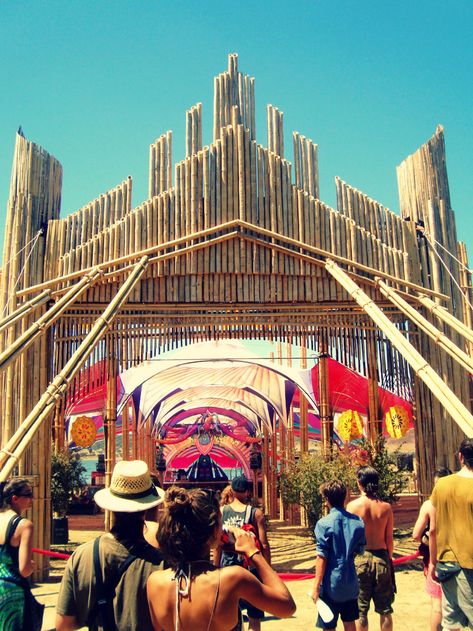 Music Festival Entrance, Festival Entrance, Boom Festival, Entrance Arch, Festival Stage, Outdoor Stage, Bamboo Structure, Festival Art, Bamboo Architecture