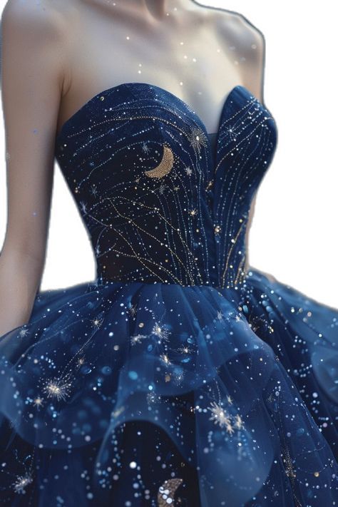 White And Navy Blue Wedding Dress, Prom Dress Celestial, Gown Aesthetic Ball, Celestial Formal Dress, Star And Moon Dress, Acotar Ball Gowns, Space Quinceanera Theme, Celestial Fantasy Dress, Star Quinceanera Dress