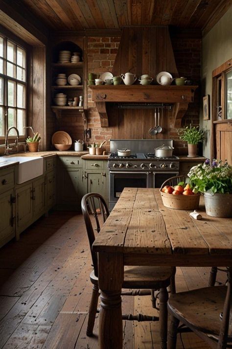 Brick Behind Stove, 1880s Kitchen, Old Homes Interior, Old Wood Kitchen, Old Cottage Kitchen, Old Kitchen Vintage, Old Vintage Kitchen, Barn Makeover, Farmhouse Kitchen Makeover