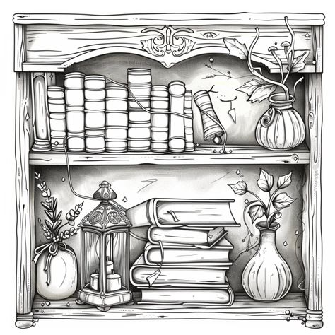 Bookshelf Drawings, Library Drawing Sketches, Bookcase Drawing, Bookshelf Drawing, Gothic Bookshelves, Grayscale Coloring Pages, Grayscale Coloring, Coloring Book Art, Colour Board