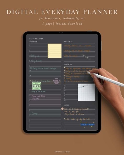 Daily Planner for GoodNotes, Notability or other apps where you can annotate PDFs, Instant Download, US Letter digitalstickers #hourlydailyplanner #plannerinserts. Blue Notion Template, Online Stationary, Goodnote Planner, Notion Template Ideas For Students, Notion Template Ideas Aesthetic, Digital Notepad, Day Planner Template, Aesthetic Mobile, Ipad Organizer