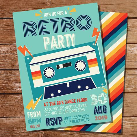 Retro Dance Party Invitation | 80s Dance Party Invitation | Adult Birthday Party Invitations Retro Birthday Invitation, Decades Party, Retro Birthday Parties, Retro Dance, Retro Invitation, 80s Birthday Parties, Dance Party Invitations, Unique Party Ideas, Tape Design