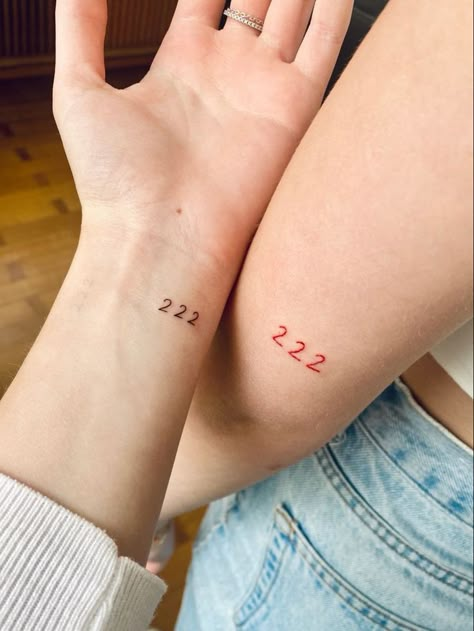 222 Matching Tattoo, Wrist Angel Number Tattoo, 222 Hand Tattoo, Small Angel Number Tattoo, Small Tattoos Numbers, Red 222 Tattoo, 2 22 Tattoo, 222 Angel Number Tattoo Ideas, 2 Tattoo Number