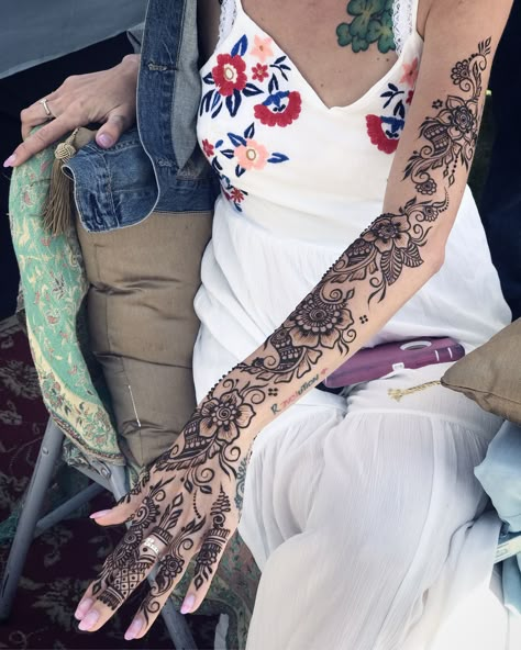 Full sleeve henna floral henna tattoo Full Body Henna Designs, Full Arm Henna Tattoo, Whole Arm Henna, Full Sleeve Henna Tattoo, Henna Designs Arm Sleeve, Full Arm Henna Designs, Full Leg Henna, Henna Arm Sleeve, Henna Sleeve Tattoos For Women