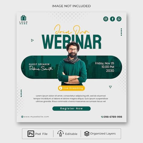 A web page that says " one day webinar "... | Premium Psd #Freepik #psd #webinar #web-banner-design #online-webinar #webinar-flyer Guest Poster Design, Guest Speaker Poster Design, Flayer Designs Ideas, Education Poster Design Ideas, Canva Posters Ideas, Webinar Poster Design, Winner Poster, Banner Design Ideas, Event Poster Design Inspiration