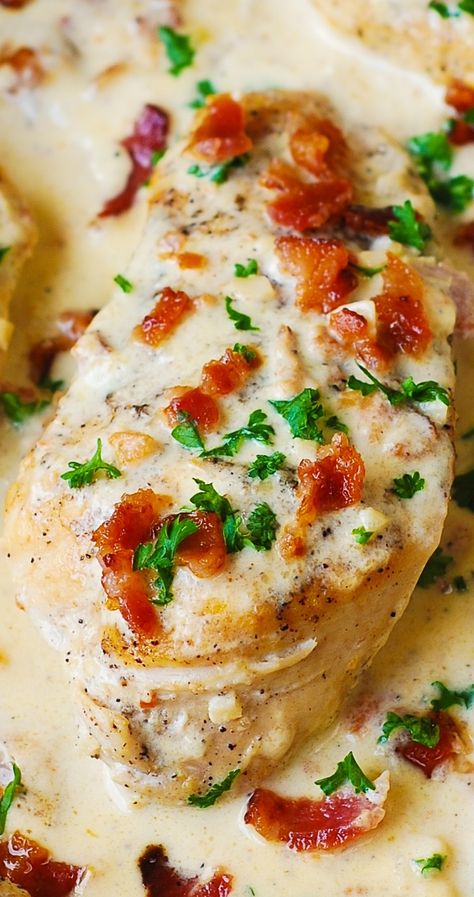 ASIAGO CHEESE Chicken with Bacon Cream Sauce. Ruby Tuesday Asiago Bacon Chicken, Chicken With Bacon Cream Sauce, Ways To Cook Chicken Breast, Best Ways To Cook Chicken, Cheese Cream Sauce, Bacon Cream Sauce, Asiago Chicken, Moist Chicken Breast, Chicken With Bacon