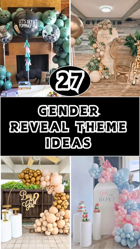 Collage of gender reveal theme ideas featuring creative balloon decorations, unique setups like 'Let's Get Popping,' safari-inspired decor with giraffes, and elegant boy-or-girl pastel displays. Perfect for planning a memorable gender reveal party! Cattle Gender Reveal Ideas, Crystal Gender Reveal, Gender Reveal Party Inspiration, Gender Reveal Background Ideas, Food To Serve At Gender Reveal Party, Jungle Gender Reveal Ideas, Budget Friendly Gender Reveal Party, Modern Gender Reveal Party, Spring Theme Gender Reveal