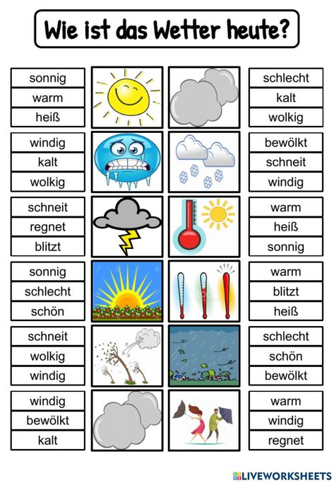 Vocabulary - das Wetter online activity for G2. You can do the exercises online or download the worksheet as pdf. German Lesson Plans, German Lessons, German Learning, Weather Worksheets, Weather Vocabulary, Study German, German Study, Elementary Lesson Plans, Notes Journal