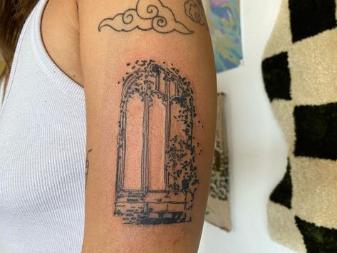 Archway Tattoo Design, Scrapbook Sleeve Tattoo, Broken Window Serenade Tat, Window Pane Tattoo, Arch Window Tattoo, Window Tattoo Ideas, Window Sill Tattoo, Window Frame Tattoo, Open Window Tattoo