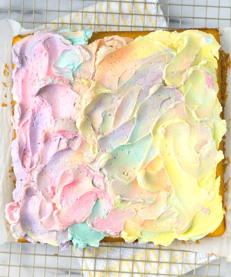 Pastel Rainbow Sheet Cake, Pastel Sheet Cake, Easy Sheet Cake Decorating Ideas, Easter Sheet Cake, Rainbow Sheet Cake, Simple Sheet Cake Designs, Sheet Cake Birthday, Kids Charcuterie Board, Cake Shop Ideas