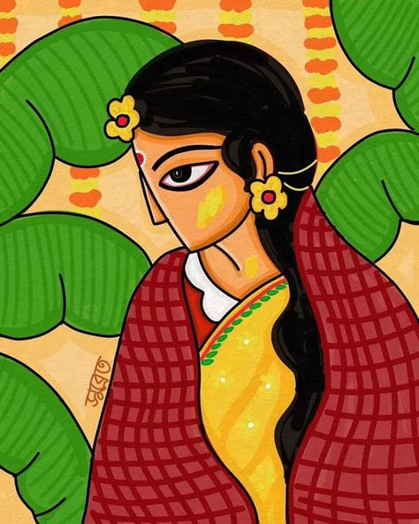 Madhubani Wedding Painting, Bengali Folk Art Painting, Bengali Drawing, Foke Art, Bengali Illustration Art, Bengali Art Culture, Bengali Cartoon, Folk Art Madhubani, Bangla Art