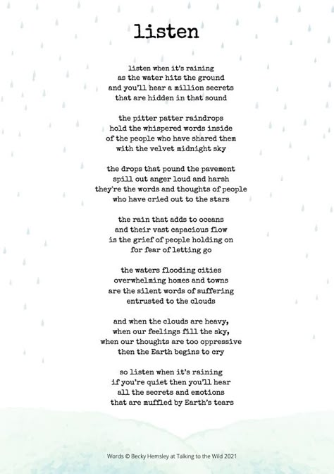 Poem About Thunderstorm, Talking To Water, Poems About Weather, Becky Hemsley Poems, Rain Poems Poetry, Poems With Rhymes, Becky Hemsley Poem, Poems On Life Inspiration Beautiful, Calming Poems