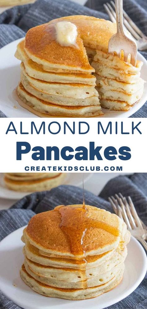 Almond milk pancakes taste exactly like regular pancakes. Our version uses gluten-free flour and vanilla almond milk for a delicious flavor in light and fluffy pancakes. Make the dry mix ahead of time and simply add the wet ingredients before making. Dairy-Free and Gluten-Free. Ready to serve in under 15 minutes, created with kitchen staples, and always kid-approved, this pancake recipe is everything you need! A delicious breakfast idea for any day of the week. Almond Milk Pancake Recipe, Pancake Recipe With Almond Milk, Almond Pancakes Recipe, Almond Milk Recipes Meals, Pancakes With Almond Milk, Recipe With Almond Milk, Almond Milk Pancakes, Light Fluffy Pancakes, Milk Pancakes