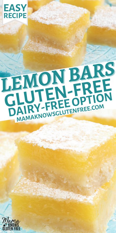 Gluten-free lemon bars on a teal glass cake plate. Cookies Sans Gluten, Glutenfri Baking, Gluten Free Lemon Bars, Gluten Free Dairy Free Dessert, Dairy Free Baking, Easy Gluten Free Desserts, Lemon Bars Recipe, Dessert Simple, Gluten Free Desserts Recipes