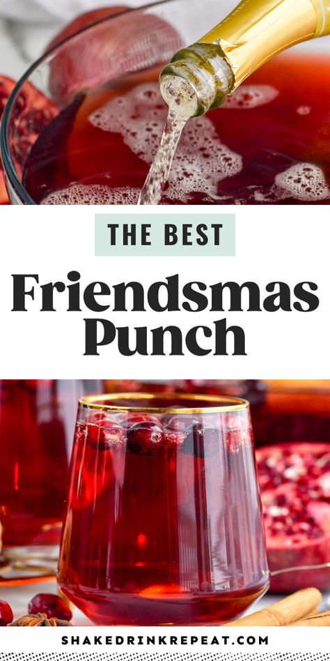 This Friendsmas Punch is festive and delicious, making it the perfect gathering point for when you get together with all of your loved ones this holiday season. Christmas Punch is an easy and delicious holiday party drink packed with fruits like cranberries and pomegranates. Holiday Wine Party Ideas, Easy Achole Drinks, Christmas Brunch Punch Alcoholic, Friendsmas Party Ideas Drinks, Punch Drinks Party, Batch Christmas Drinks, Christmas Wine Punch Recipes, Holiday Party Drinks Pitcher, Cranberry Party Punch