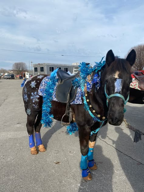 My horse decorations for Snowflake/ice theme. Used Acrylics and temporary hair chalk to color him. Horses In Parades, Decorating Horse For Christmas Parade, Decorate Horse For Christmas Parade, Horse Christmas Parade Ideas, Christmas Horse Costumes, Horse Christmas Parade, Horse Christmas Costume, Horse Parade Ideas, Anime Halloween Pfp Matching