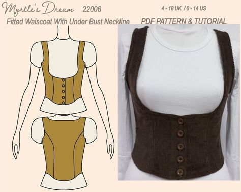 Pattern. Fitted waistcoat, with under bust neckline. In sizes 4-18 UK. Easy sewing project. Fitted Waistcoat, Advanced Sewing Projects, Waistcoat Pattern, Vintage Clothes Patterns, The Metric System, Vest Sewing Pattern, Metric System, Garment Pattern, Sewing Design