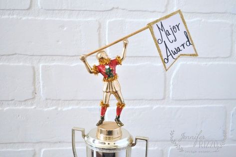 Make a funny DIY ugly Christmas sweater trophy from an up-cycled vintage thrift store trophy. #upcycledtrophy #uglychristmassweater #Christmascraft Diy Trophies, Homemade Trophies, Diy Trophy, Trophy Diy, Holiday Potluck, Ugly Sweater Diy, Tacky Sweater, Sweater Diy, Vintage Thrift Stores