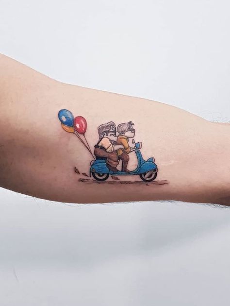 Pixar Tattoos, Up Carl Y Ellie, Popeye Cartoon, Disney Sleeve, Stitch Tattoo, Bike Tattoos, Music Tattoos, Up Tattoos, Family Tattoos