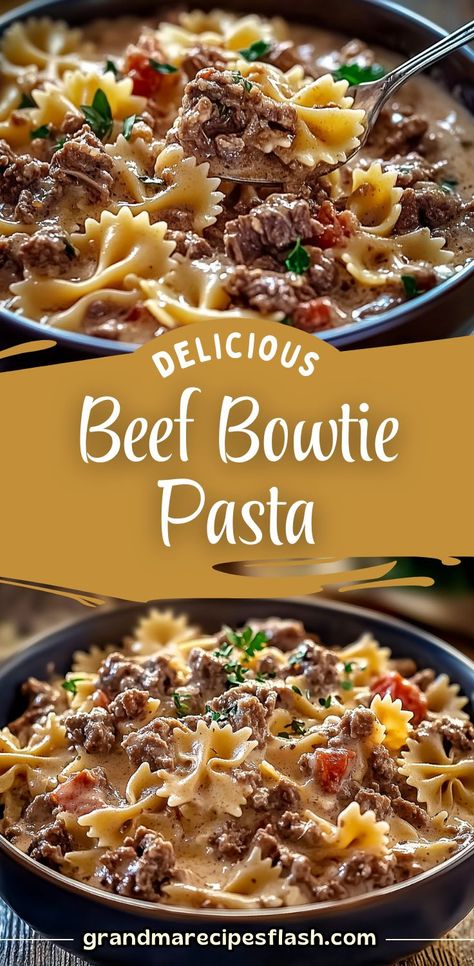 This Creamy Beef and Bowtie Pasta combines hearty ground beef, tender bowtie pasta, and a creamy, cheesy sauce for a satisfying and comforting meal. Perfect for busy weeknights, it’s rich in flavor and easy to prepare! Pasta And Ground Beef Recipes, Bowtie Pasta Recipes, Hamburger Pasta Recipes, Italian Mac And Cheese, Pasta And Ground Beef, Easy Hamburger Casserole, Ground Beef Crockpot Recipes, Ground Beef Pasta Recipes, Crockpot Pasta Recipes