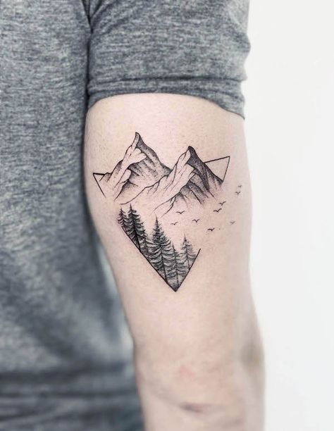 Triangle mountains landscape tattoo by @mooody.ink Mountain Top Tattoo, Linear Mountain Tattoo, Unique Triangle Tattoos, Mountain Tattoo With Shading, Triangle Tattoo Mountain, Mountain Related Tattoo, Four Mountains Tattoo, Tattoo Designs Mountains, Hexagon Mountain Tattoo