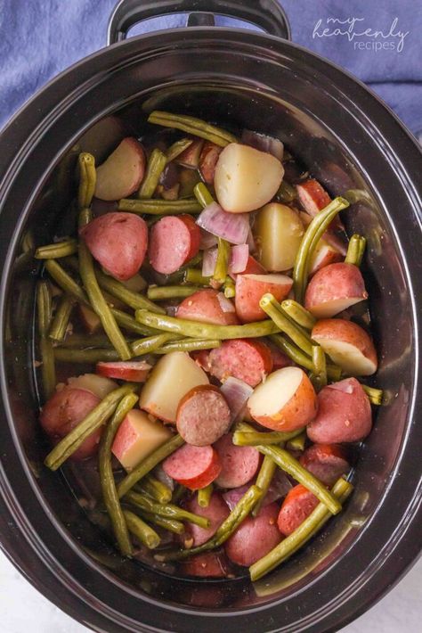 Crockpot Meals With Green Beans, Potato And Sausage Crockpot, Easy Crockpot Meals Sausage, Crock Pot Beans Recipe, Crockpot Recipe With Sausage, Kielbasa Green Beans And Potatoes Crockpot, Sausage Potato Green Beans Crockpot, Crockpot Green Beans Sausage Potatoes, Green Bean Kielbasa Potato