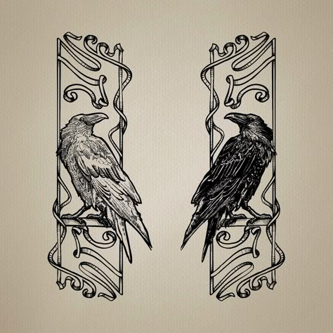 New Available Tattoo - Twin Crows #crowtattoo #birdtattoo #illustrativetattoo #artnouveautattoo #backpiece #tattoolisboa #tattoolisbon Calf Tattoo Aesthetic, Gothic Horror Tattoo Designs, Two Crow Tattoo, Wolf Pair Tattoo, Crow Tattoo Aesthetic, Norse Style Tattoo, Raven Tattoo Cover Up, Raven Edgar Allen Poe Tattoo, Two Hawks Tattoo