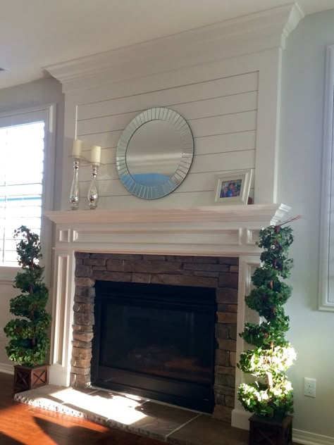 Shiplap panel & mantle Fireplace With Crown Molding, Fireplace White, Fireplace Makeovers, Painted Fireplace, White Brick Fireplace, Fireplace Redo, Paint Fireplace, Shiplap Fireplace, Farmhouse Fireplace