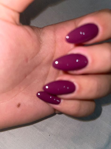 Trendy Plain Nails, Acrylic Nails Almond One Color, Dark Nail Colors Almond Shape, Purple Nails Acrylic Aesthetic, Purple Almond Shaped Acrylic Nails, Almond Acrylic Nails Colors, Solid Almond Nail Colors, Almond Nails Magenta, Dark Purple Pink Nails