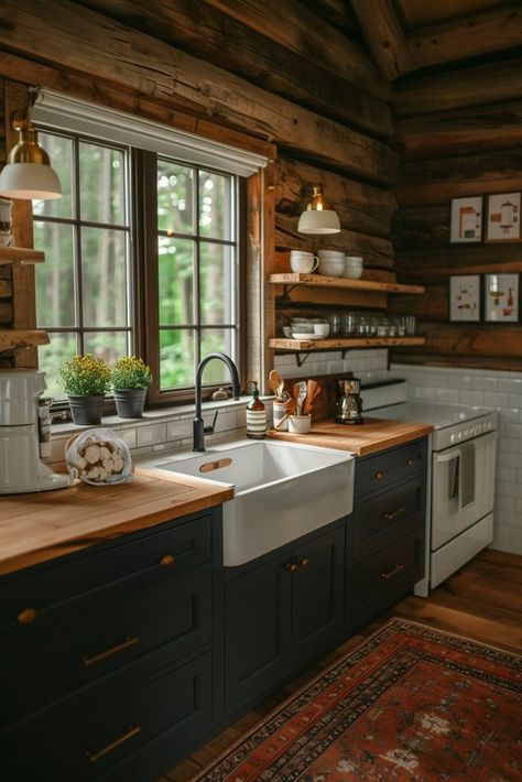 Log Cabin Farmhouse Style Kitchen, Log Home Inspiration, Log House Kitchen Modern, Small Modern Cabin Kitchen, Cabin Chic Kitchen, River Cabin Interior, Small Cabin Interiors Rustic Simple, Simple Cabin Interior, Cottage Cabin Interior