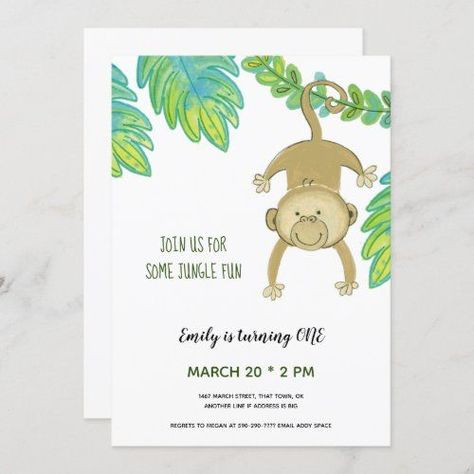 $2.40 | First Birthday Monkey Jungle animals Invitation #monkey #safari #jungle #monkeybirthdayparty #animals #illustration #birthdayparty #kid #cute #animal Safari Birthday Invitations, Birthday Monkey, Jungle Birthday Invitations, Monkey Birthday Parties, Trendy Invitations, Graphics Portfolio, 80th Birthday Invitations, Graphics Tutorial, Monkey Birthday