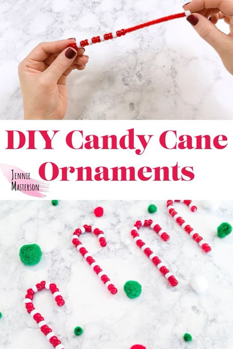 Easy Diy Candy, Diy Candy Cane, Ornaments Diy Kids, Beaded Ornaments Diy, Candy Cane Ornaments, Candy Cane Crafts, Candy Cane Decorations, Kids Christmas Crafts, Candy Cane Christmas Tree